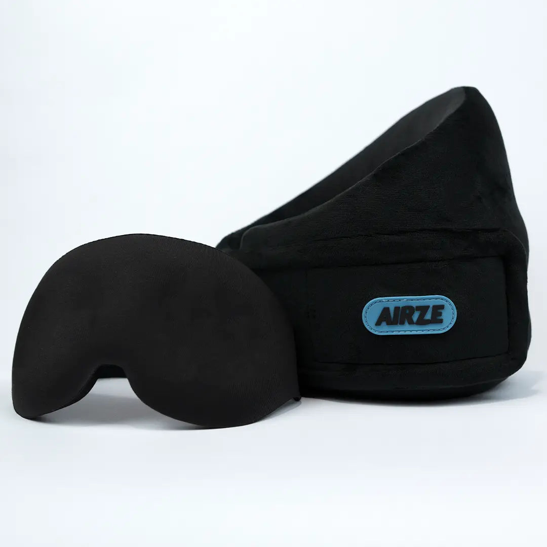 Airze Eze Sleep Bundle in black, featuring a premium travel pillow and matching sleeping mask for ultimate travel comfort.