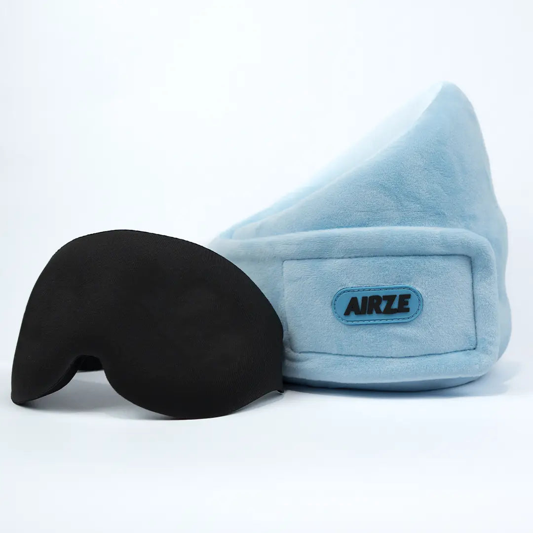 Airze Eze Sleep Bundle in blue, featuring a premium travel pillow and matching sleeping mask for ultimate travel comfort.