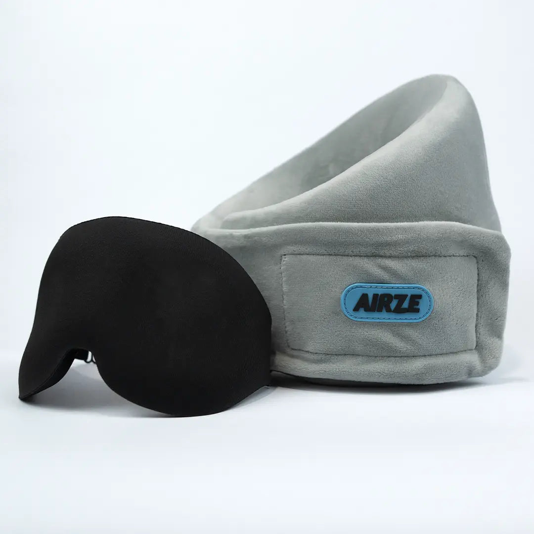 Airze Eze Sleep Bundle in grey, featuring a premium travel pillow and matching sleeping mask for ultimate travel comfort.