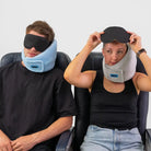 Travelers using the Airze Eze Sleep Bundle, demonstrating how easy it is to put on the plush travel pillow and contoured sleep mask for enhanced travel comfort on flights.