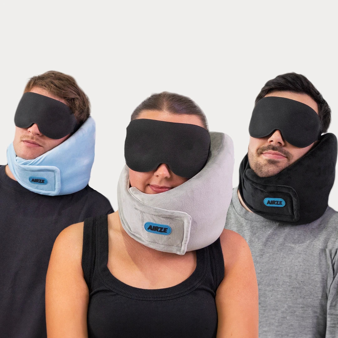 Airze Eze Sleep Bundle Trios featuring three travel pillows in blue, grey, and black with matching sleep masks for ultimate comfort and restful travel sleep.