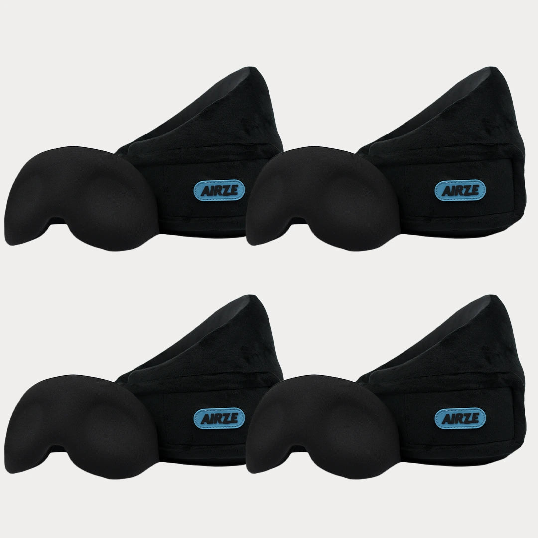 Airze Family Eze Sleep Bundle featuring four black Airze travel pillows and matching sleep masks, designed for ultimate comfort and restful sleep while traveling.