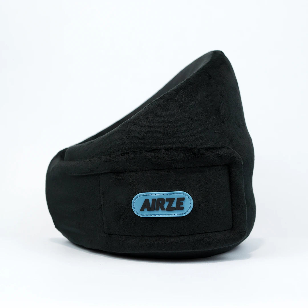 Close-up product shot of the Airze travel pillow in black, designed for neck support and superior travel comfort.