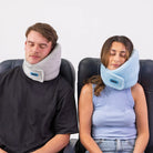 Two travelers using the Airze travel pillow in blue and grey, demonstrating superior neck support and comfort for restful sleep while traveling.