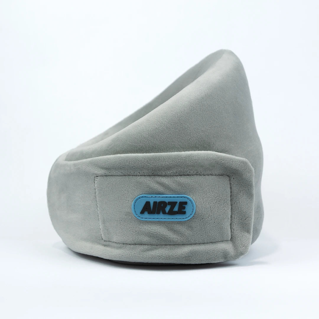 Close-up product shot of the Airze travel pillow in grey, designed for neck support and superior travel comfort.