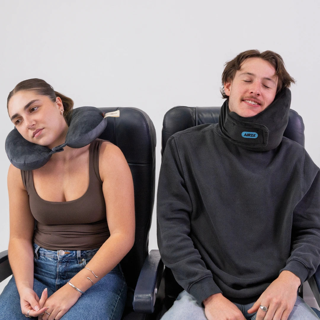 Side-by-side comparison of the Airze travel pillow in black and a traditional U-shaped travel pillow, showcasing the superior neck support and comfort of the Airze pillow for better travel rest.