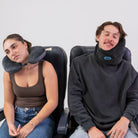 Side-by-side comparison of the Airze travel pillow in black and a traditional U-shaped travel pillow, showcasing the superior neck support and comfort of the Airze pillow for better travel rest.
