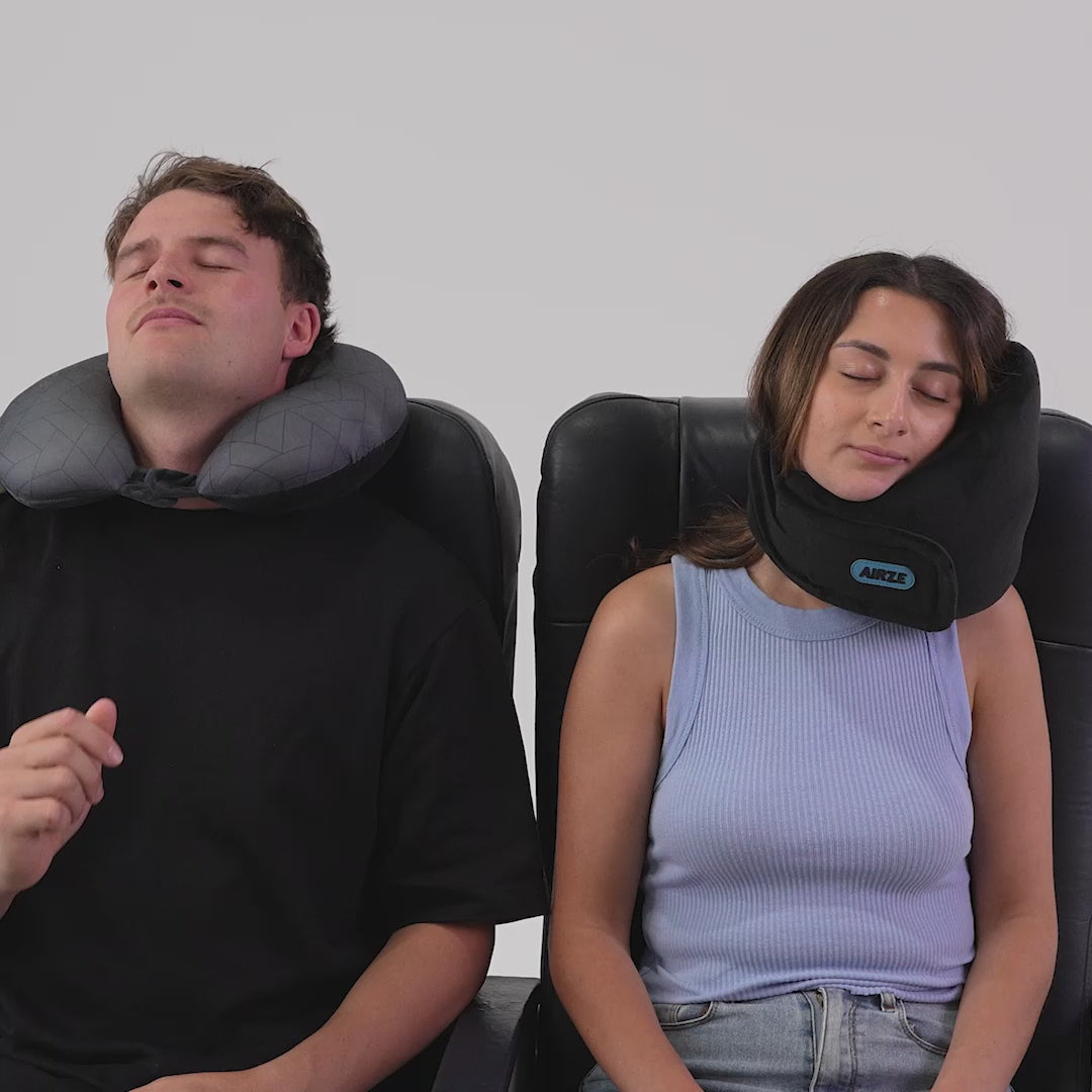 Video comparing the Airze travel pillow to a traditional U-shaped travel pillow, highlighting the superior comfort and stability of Airze while the U-shape user struggles to relax and stay comfortable.