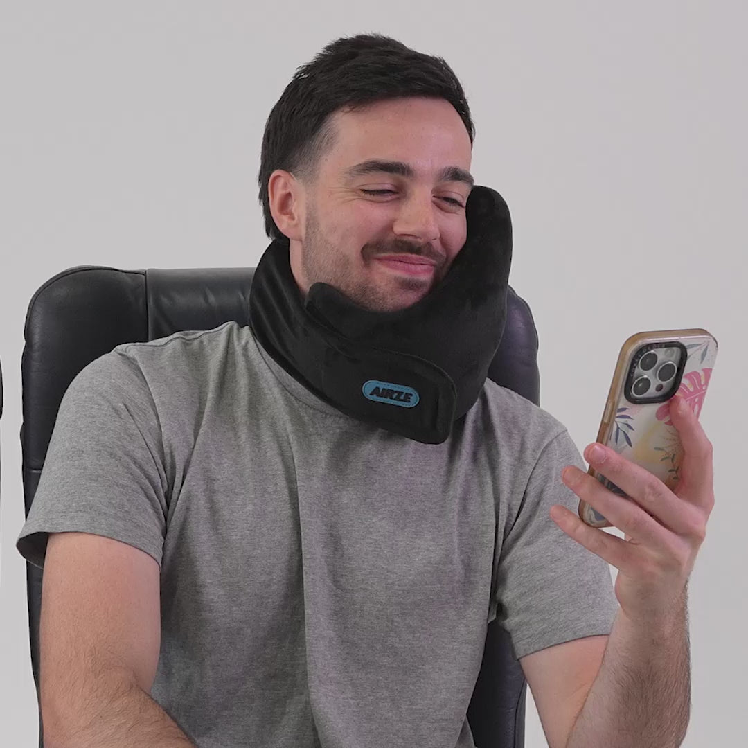 Video demonstrating how seamlessly the Airze travel pillow can be worn while eating, drinking, and watching videos, ensuring uninterrupted comfort and support during travel.